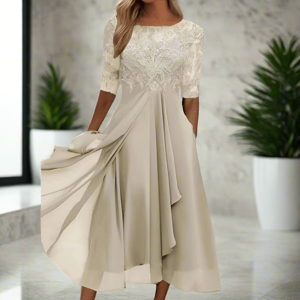 A-Line Chiffon Midi Dress with Floral Lace Bodice | Half Sleeves