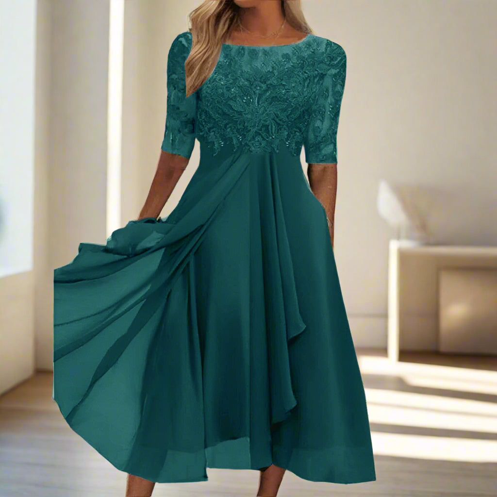 A-Line Chiffon Midi Dress with Floral Lace Bodice | Half Sleeves