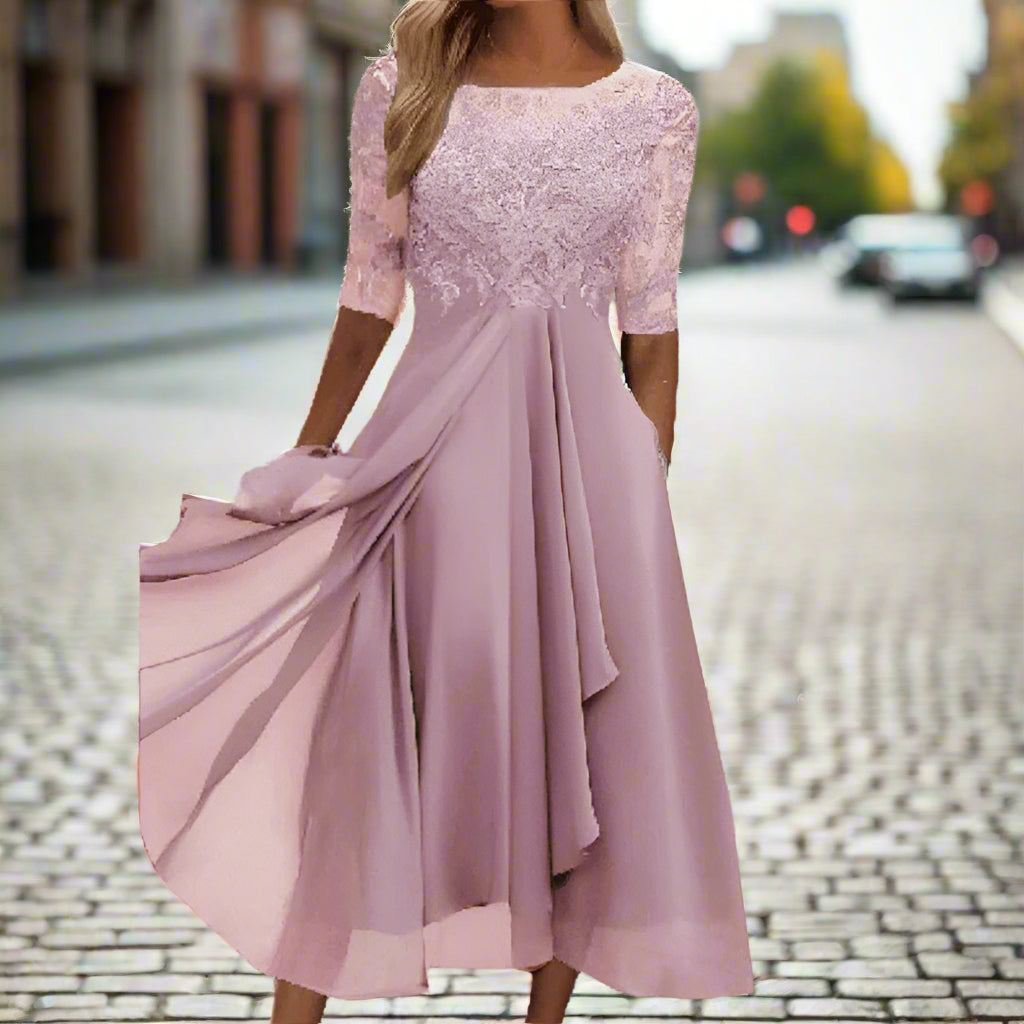 A-Line Chiffon Midi Dress with Floral Lace Bodice | Half Sleeves