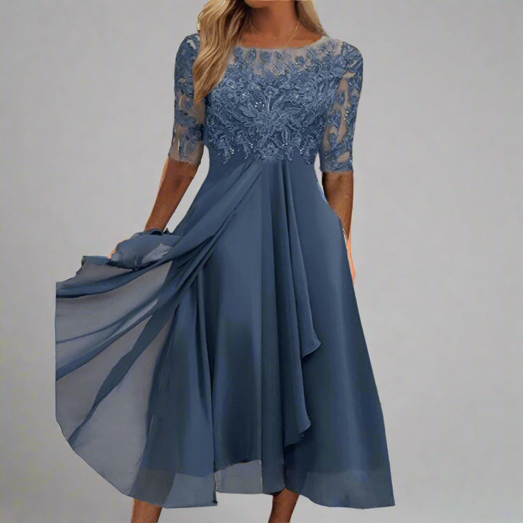 A-Line Chiffon Midi Dress with Floral Lace Bodice | Half Sleeves