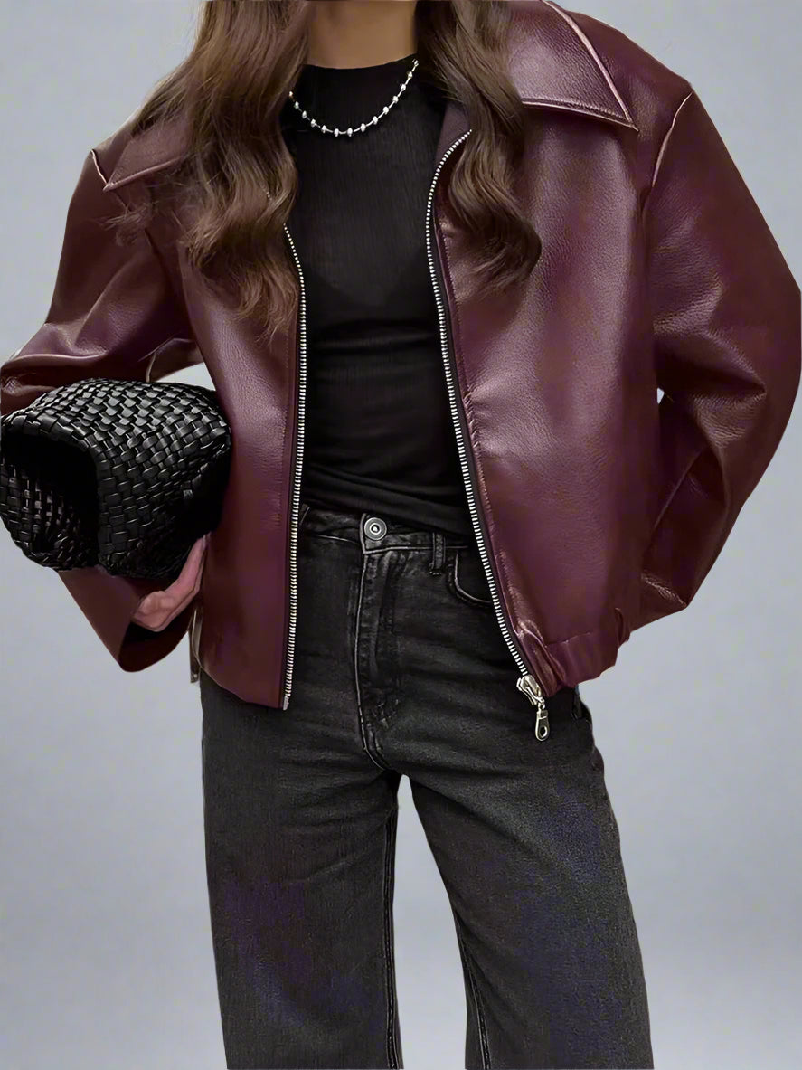 Fiorenza Women's Burgundy Faux Leather Biker Jacket | Fitted