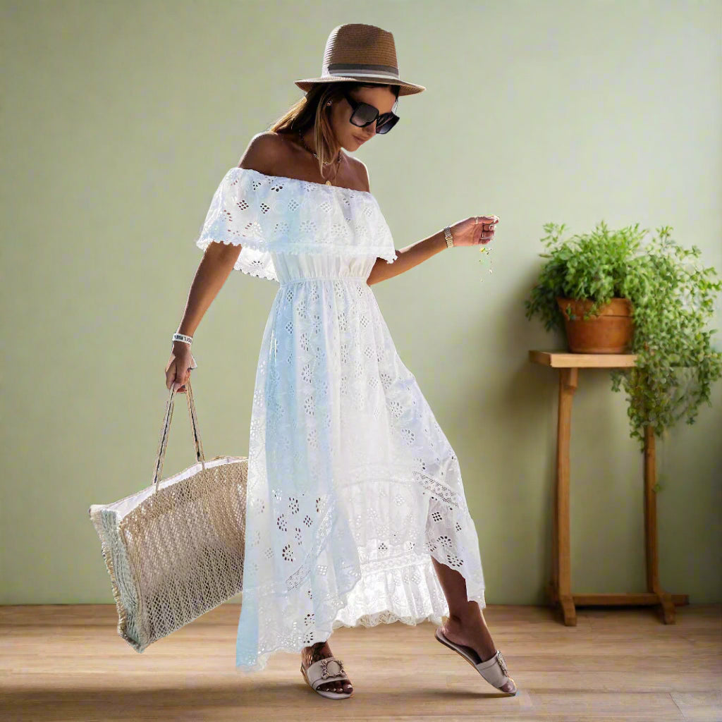 Women's Off-Shoulder Boho Midi Dress | Eyelet Embroidery & Ruffle Trim