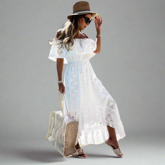 Women's Off-Shoulder Boho Midi Dress | Eyelet Embroidery & Ruffle Trim